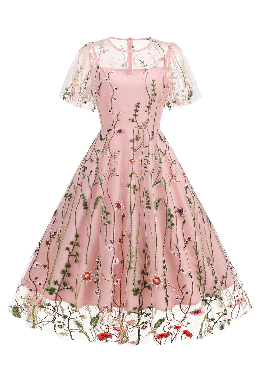 Apricot A Line Printed Tulle 1950s Dress with Short Sleeves - Image 8