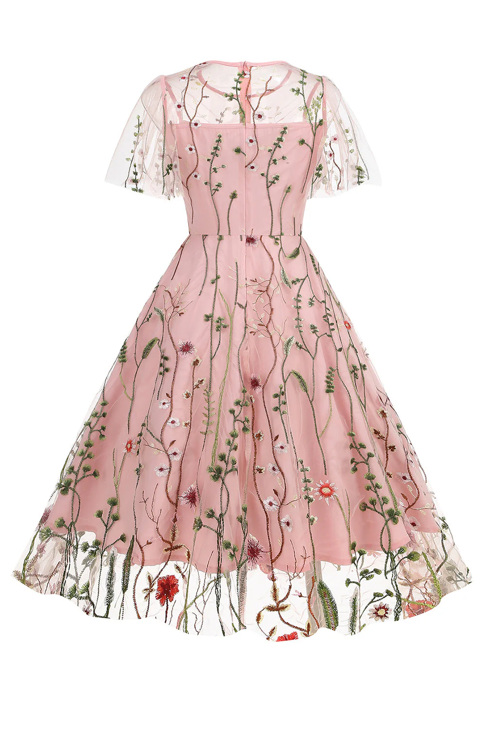 Apricot A Line Printed Tulle 1950s Dress with Short Sleeves - Image 9