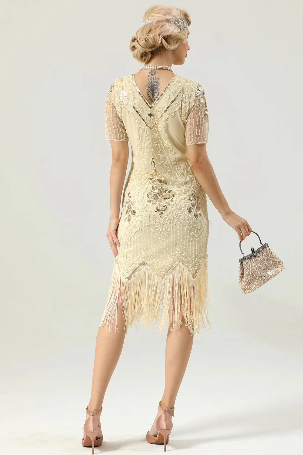 Apricot Beaded Sequin 1920s Dress with Sleeves - Image 2