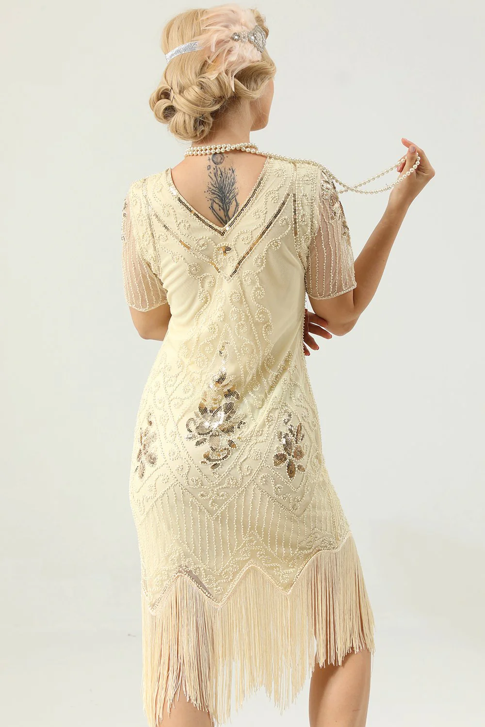 Apricot Beaded Sequin 1920s Dress with Sleeves - Image 4