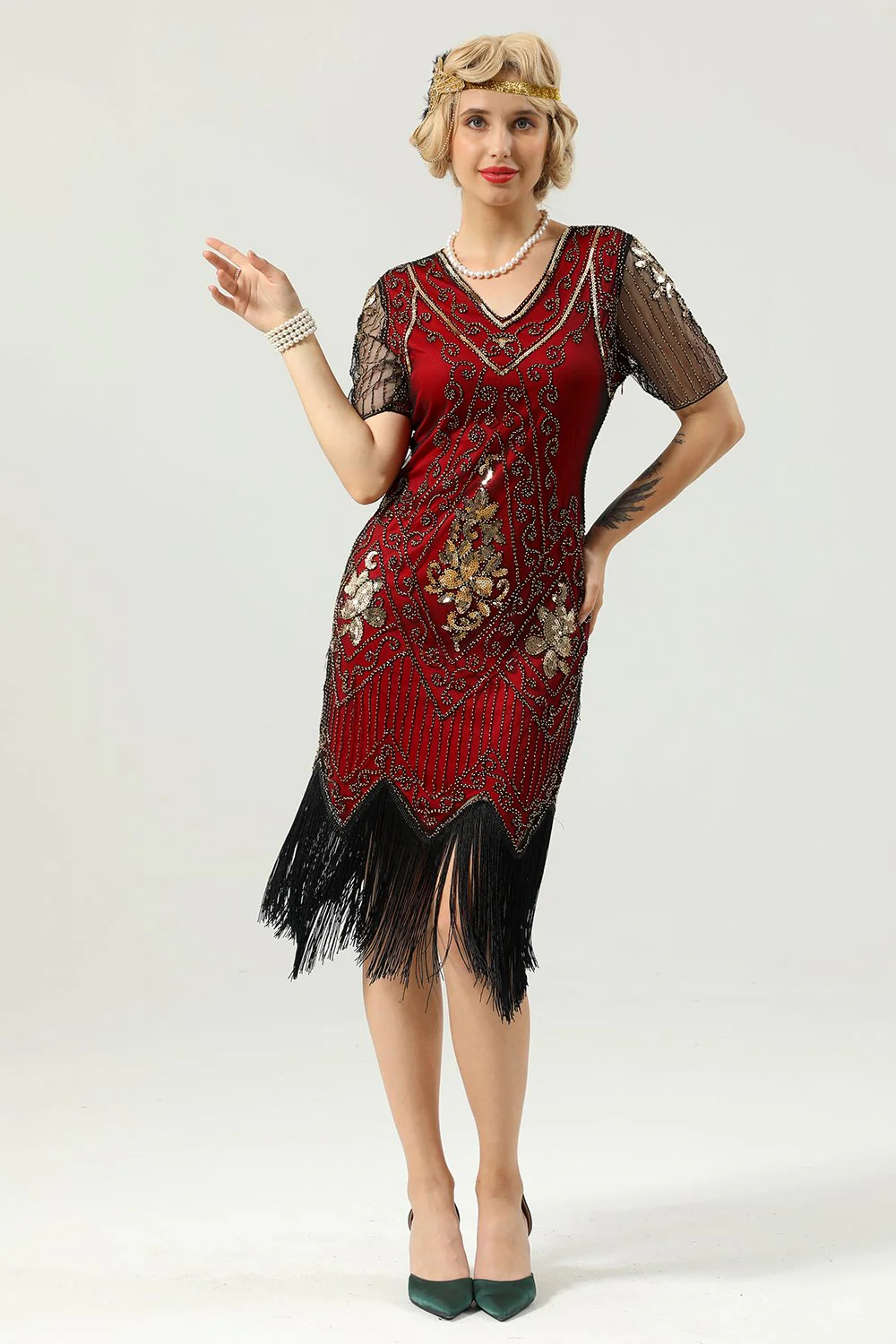 Apricot Beaded Sequin 1920s Dress with Sleeves - Image 5