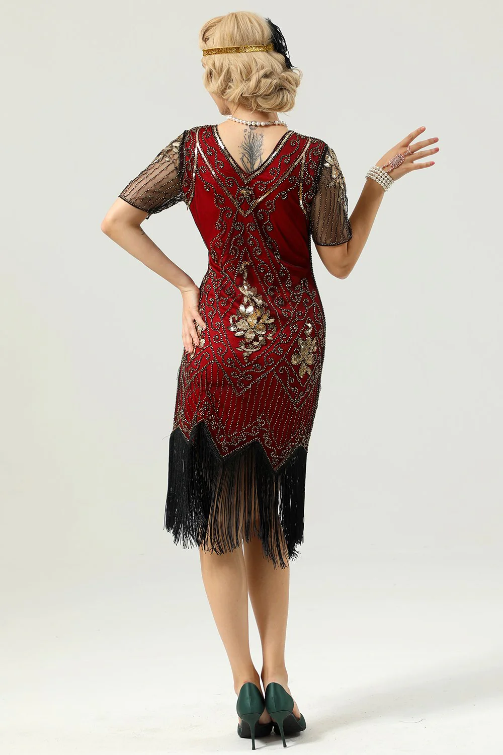 Apricot Beaded Sequin 1920s Dress with Sleeves - Image 6
