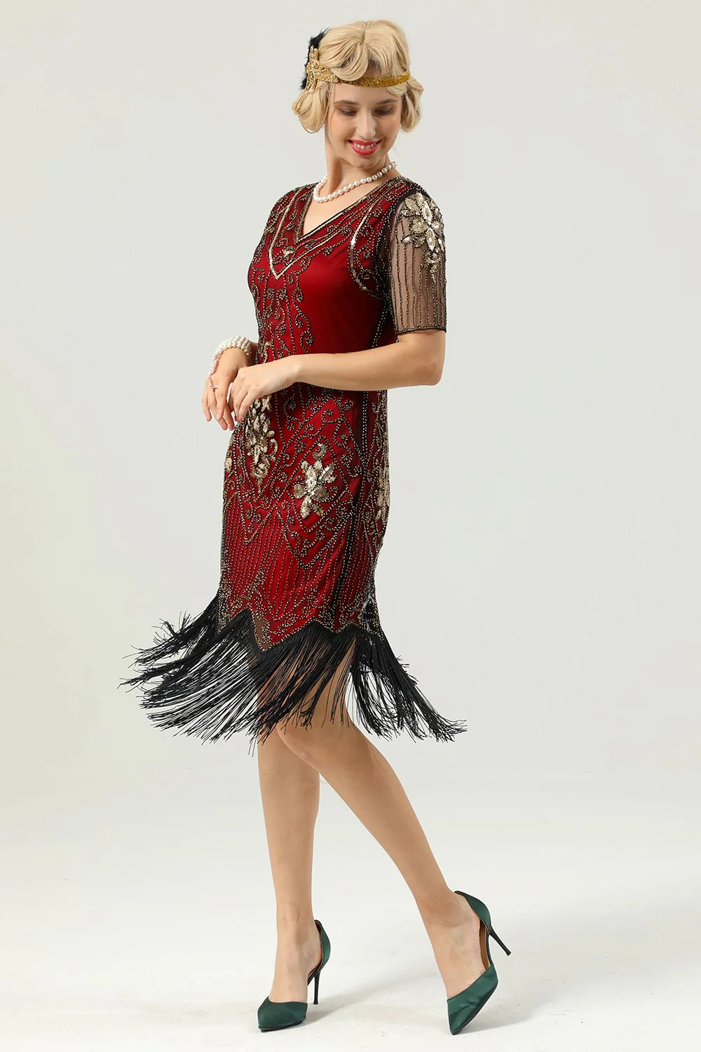 Apricot Beaded Sequin 1920s Dress with Sleeves - Image 7