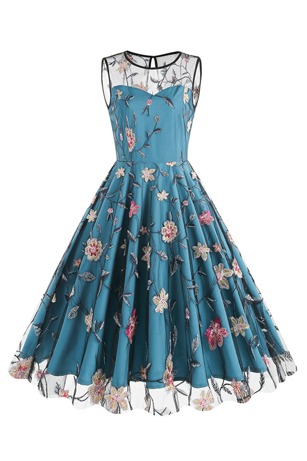 Apricot Elegant Floral Embroidered Sleeveless Midi Vintage Dress - Image 12
