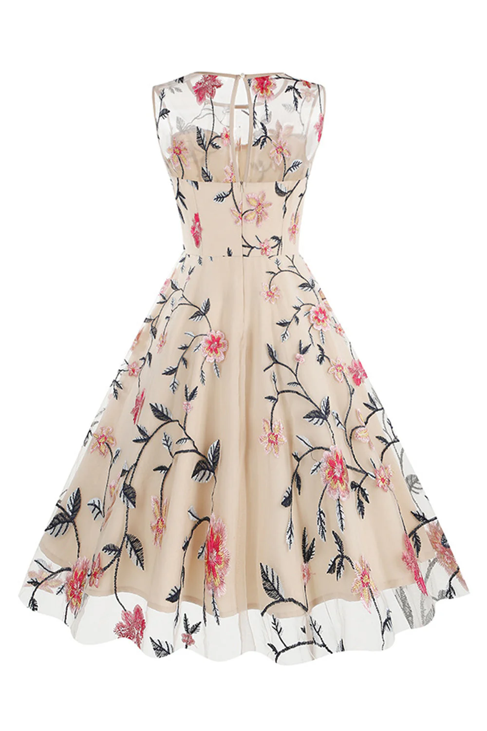 Apricot Elegant Floral Embroidered Sleeveless Midi Vintage Dress - Image 2