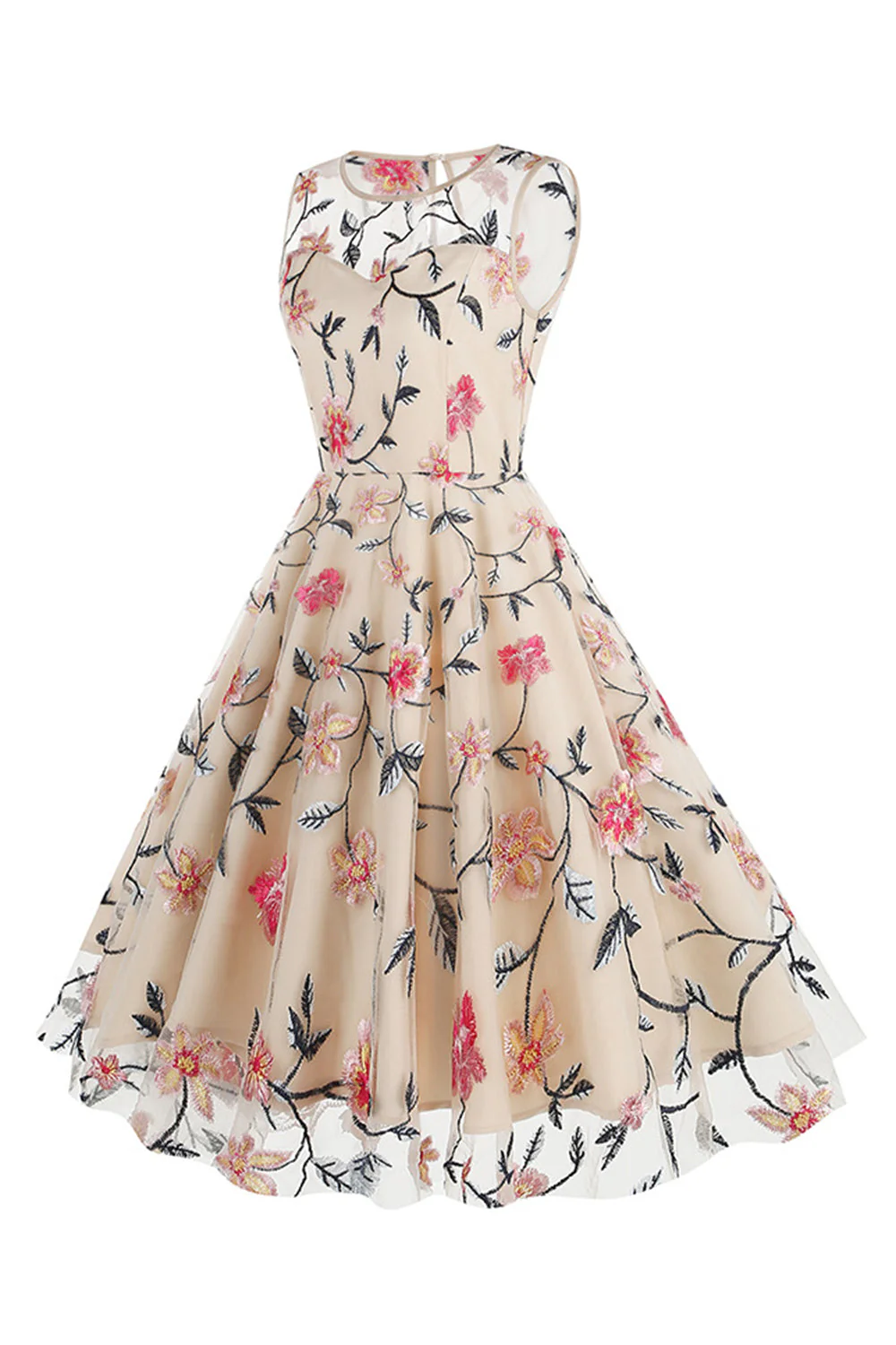 Apricot Elegant Floral Embroidered Sleeveless Midi Vintage Dress - Image 3