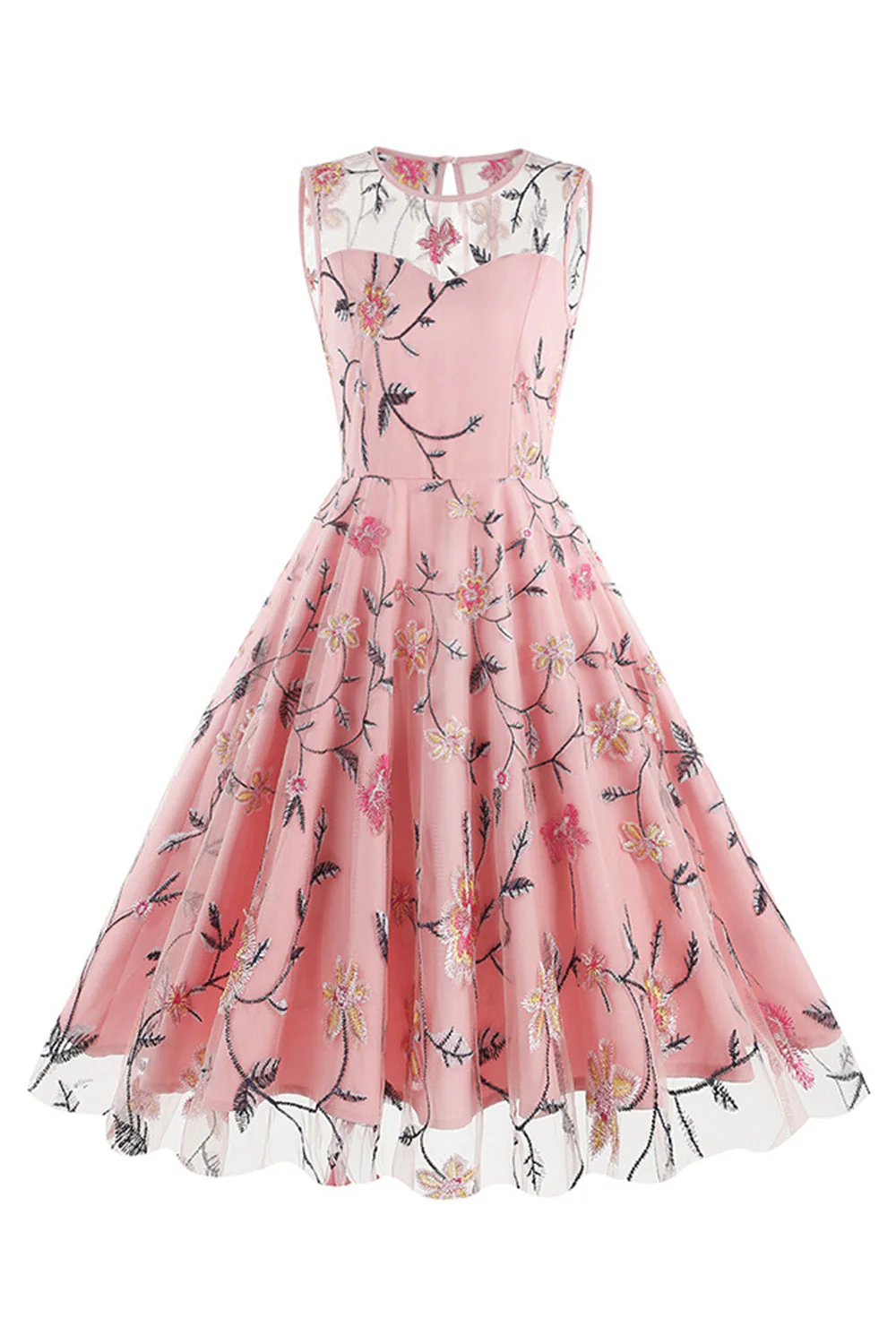 Apricot Elegant Floral Embroidered Sleeveless Midi Vintage Dress - Image 5