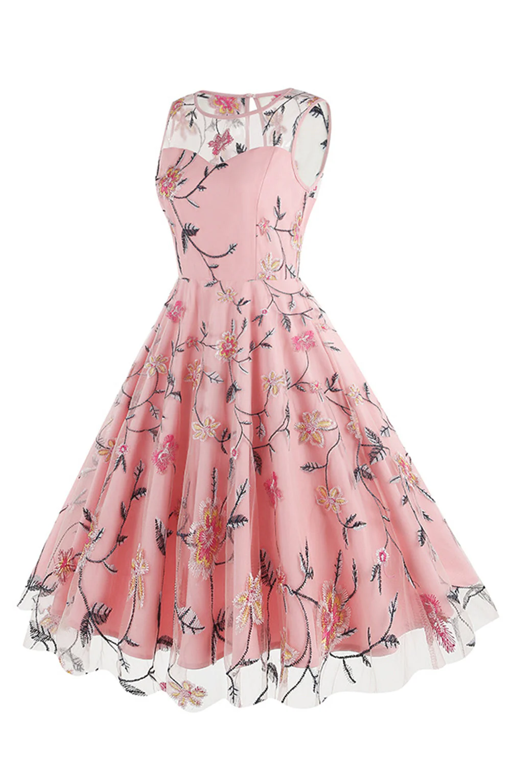 Apricot Elegant Floral Embroidered Sleeveless Midi Vintage Dress - Image 7
