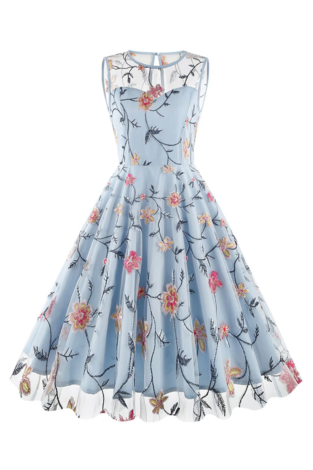 Apricot Elegant Floral Embroidered Sleeveless Midi Vintage Dress - Image 8