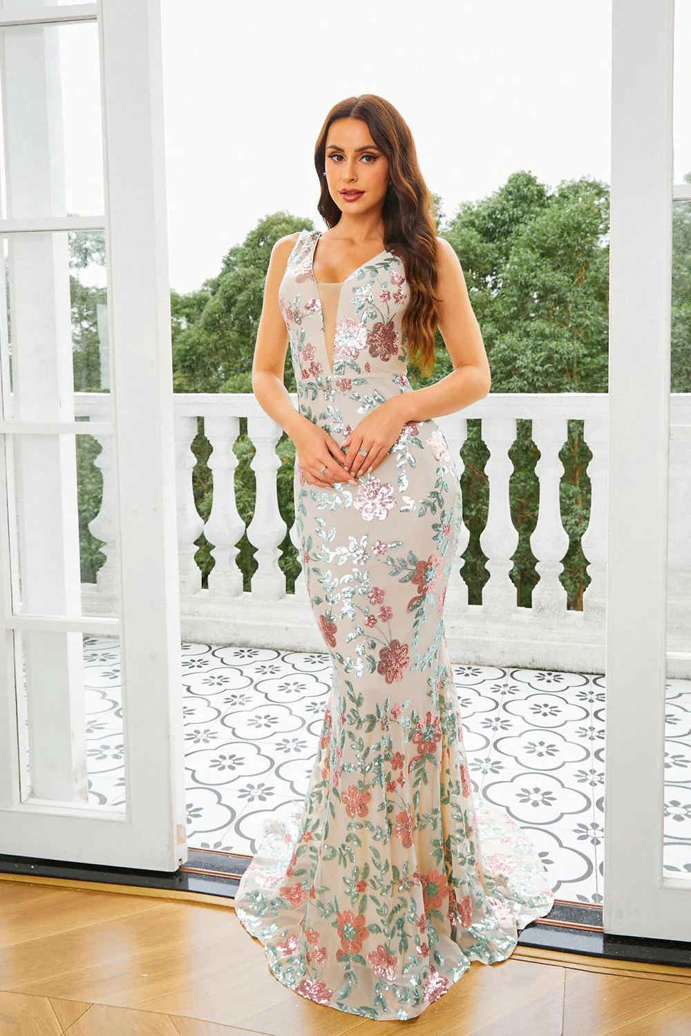 Apricot Floral Mermaid Long Prom Dress - Image 5