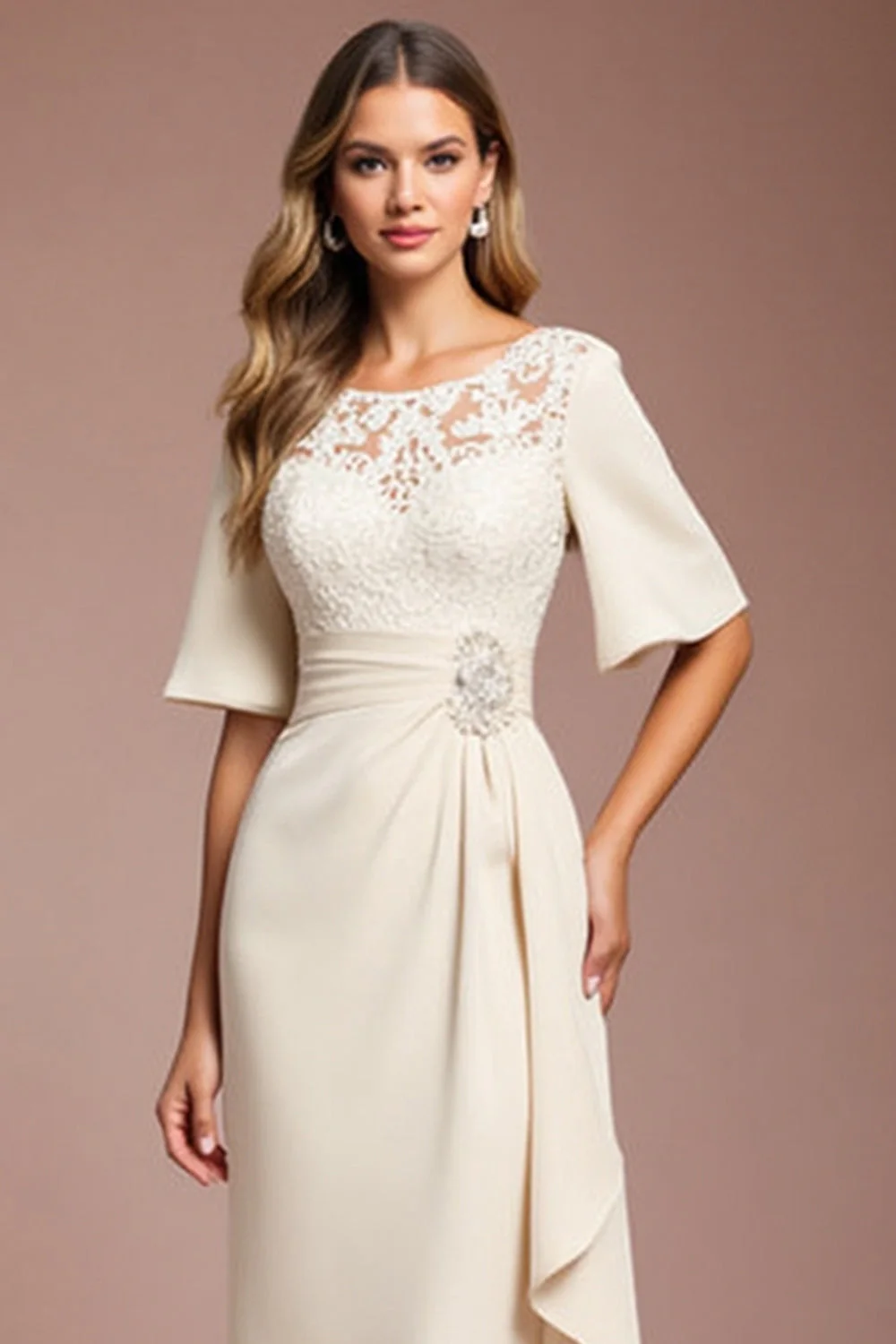 Apricot Lace Ruched Sheath Half Sleeve Mother of the Bride Dress with Sash - Image 2