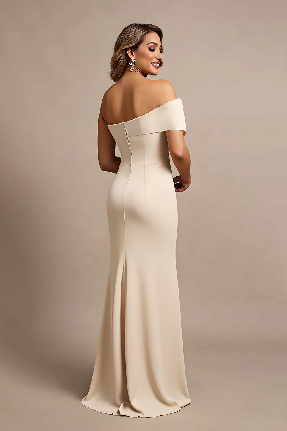 Apricot One Shoulder Ruched Long Satin Mother of the Bride Dress with Beading - Image 2