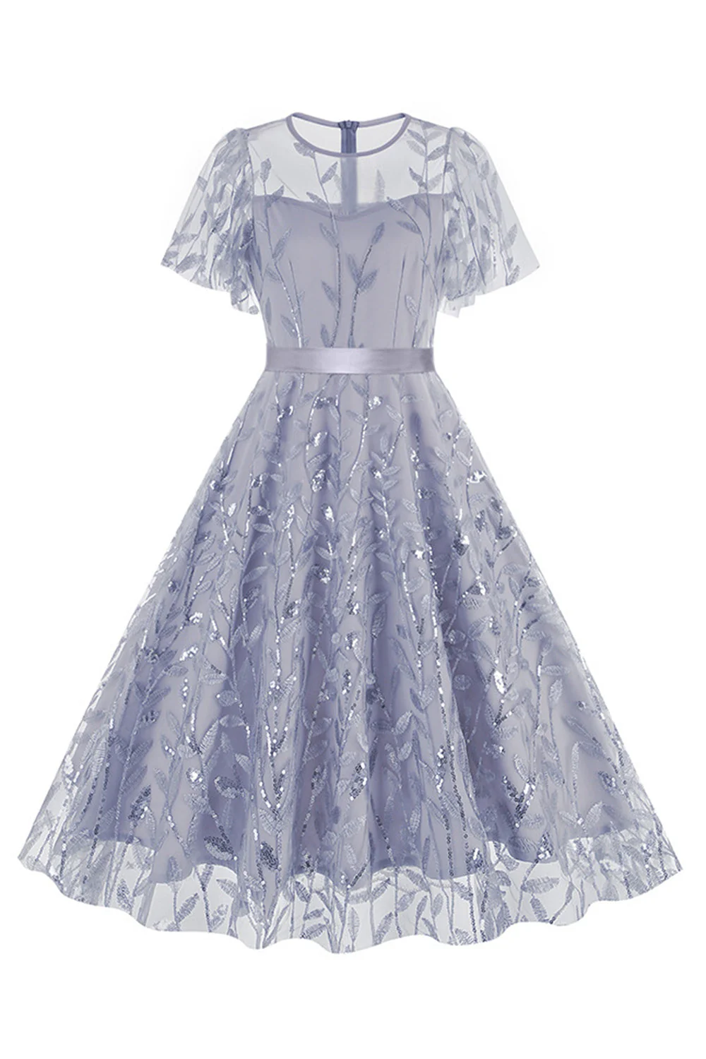 Apricot Sequined Leaf Embroidered Mesh Overlay Elegant Vintage Dress - Image 15