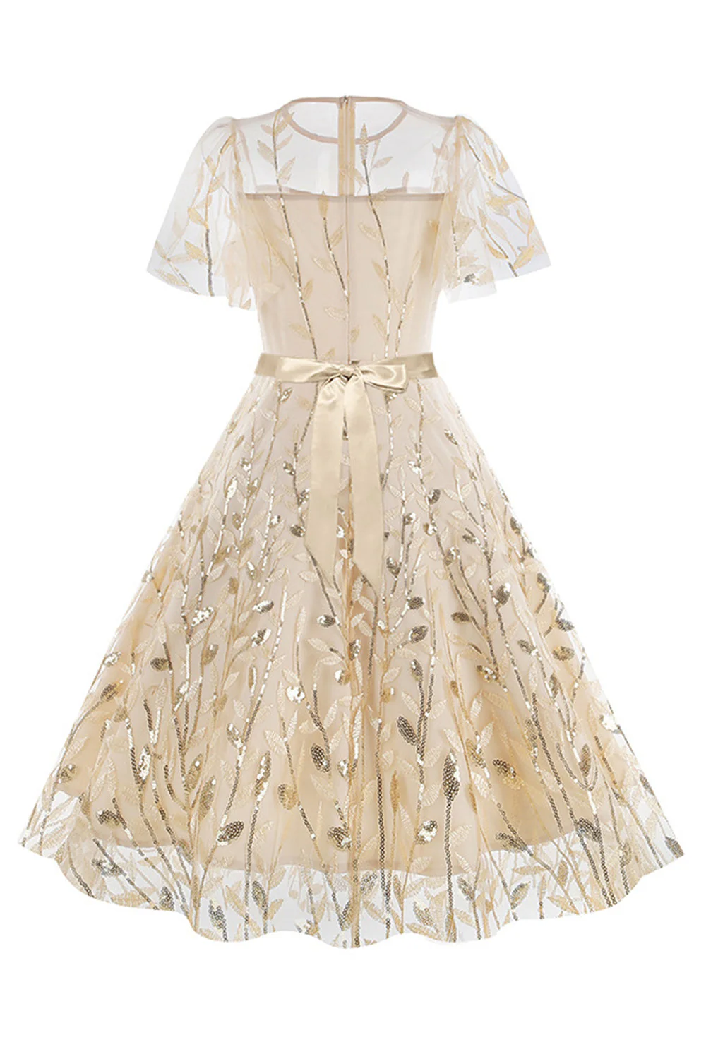 Apricot Sequined Leaf Embroidered Mesh Overlay Elegant Vintage Dress - Image 2