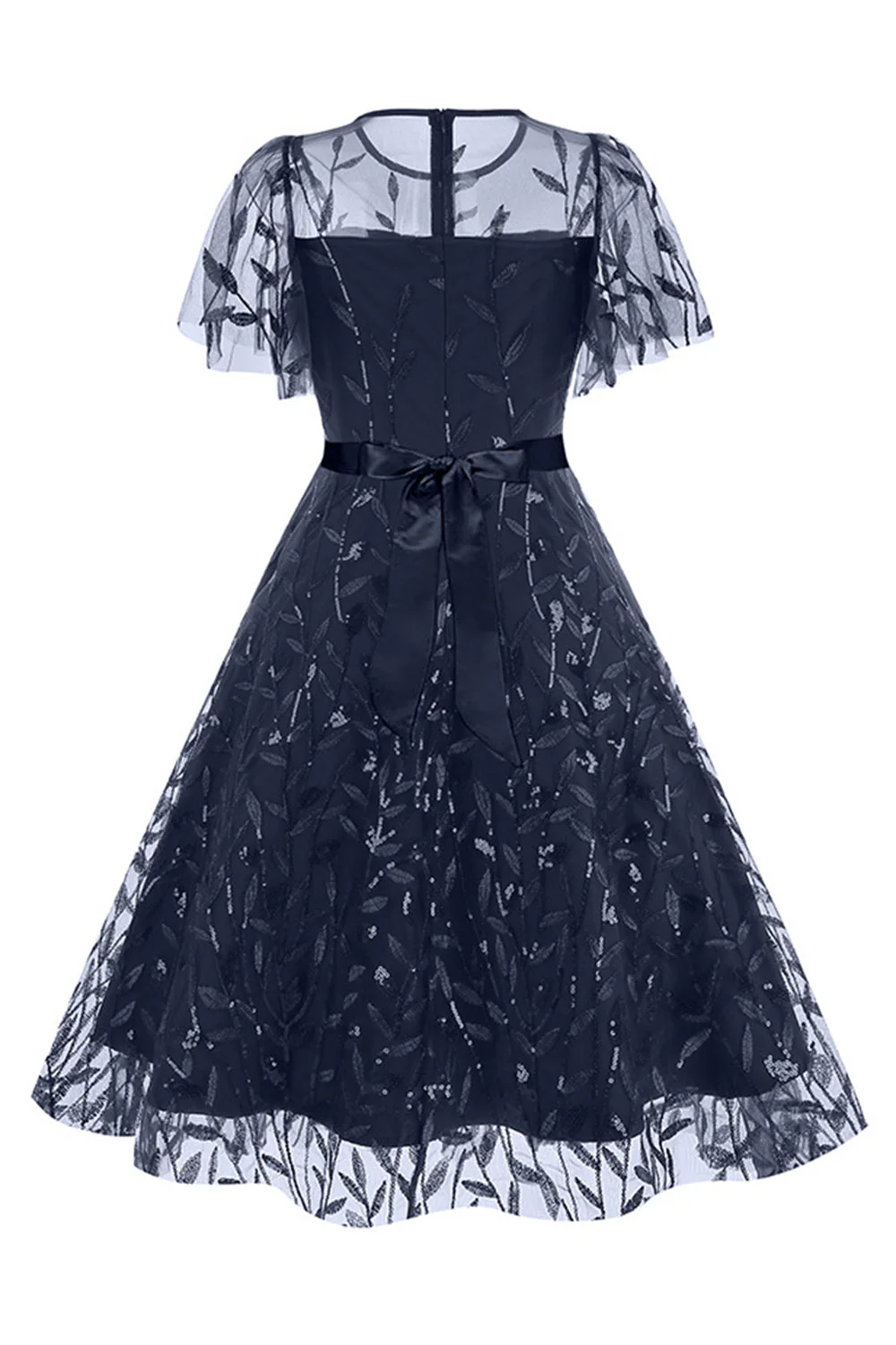 Apricot Sequined Leaf Embroidered Mesh Overlay Elegant Vintage Dress - Image 20