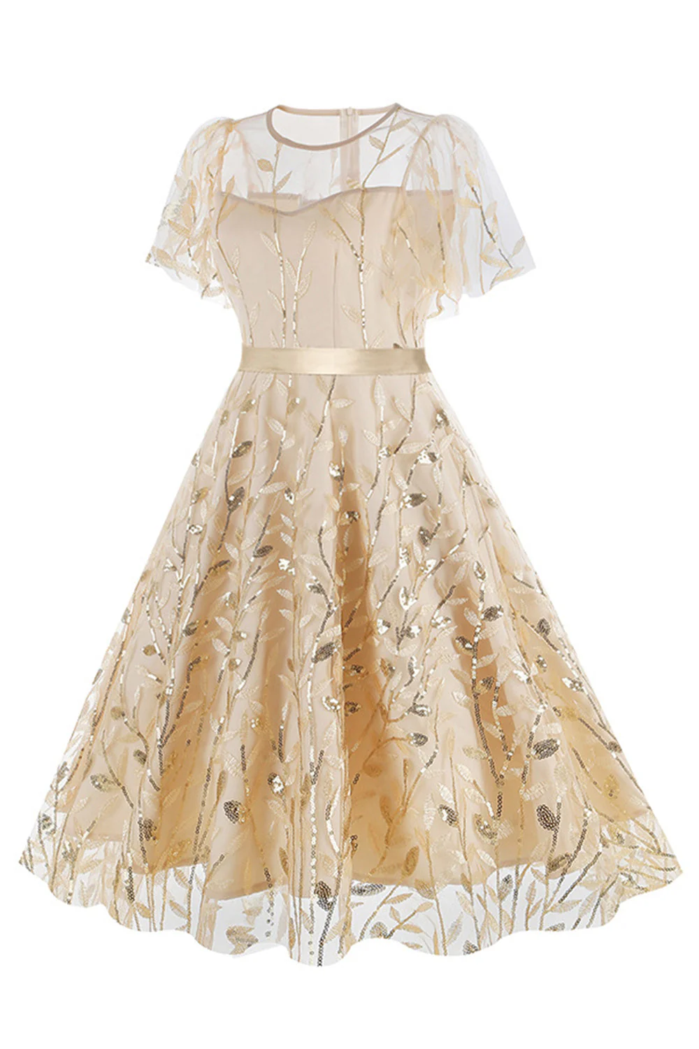 Apricot Sequined Leaf Embroidered Mesh Overlay Elegant Vintage Dress - Image 3