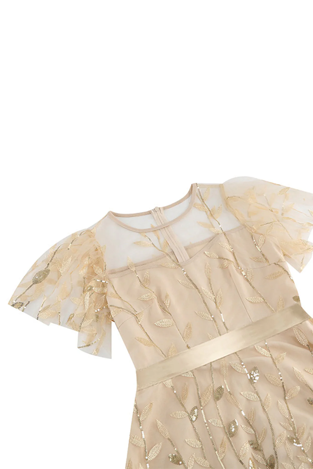 Apricot Sequined Leaf Embroidered Mesh Overlay Elegant Vintage Dress - Image 4