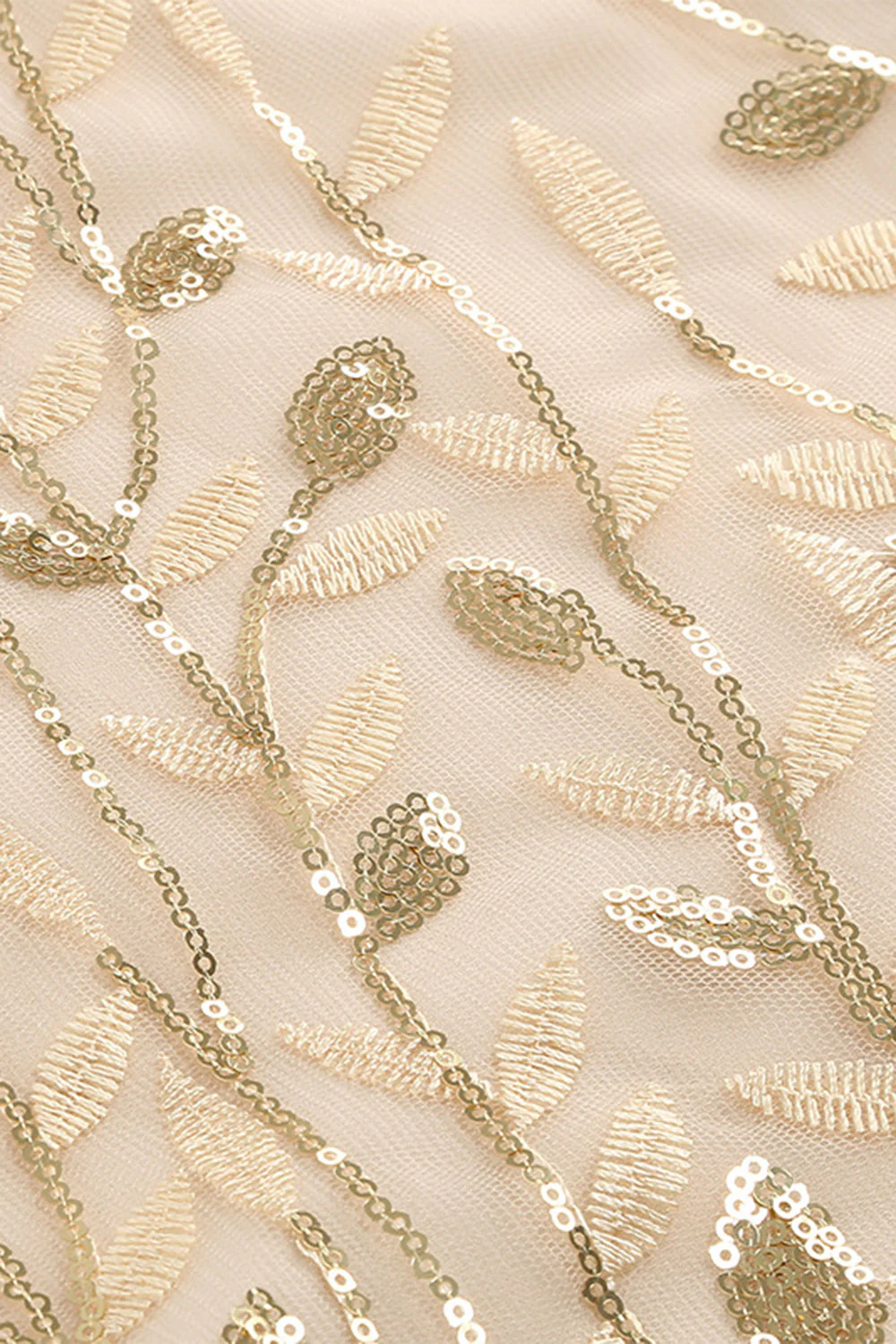 Apricot Sequined Leaf Embroidered Mesh Overlay Elegant Vintage Dress - Image 5