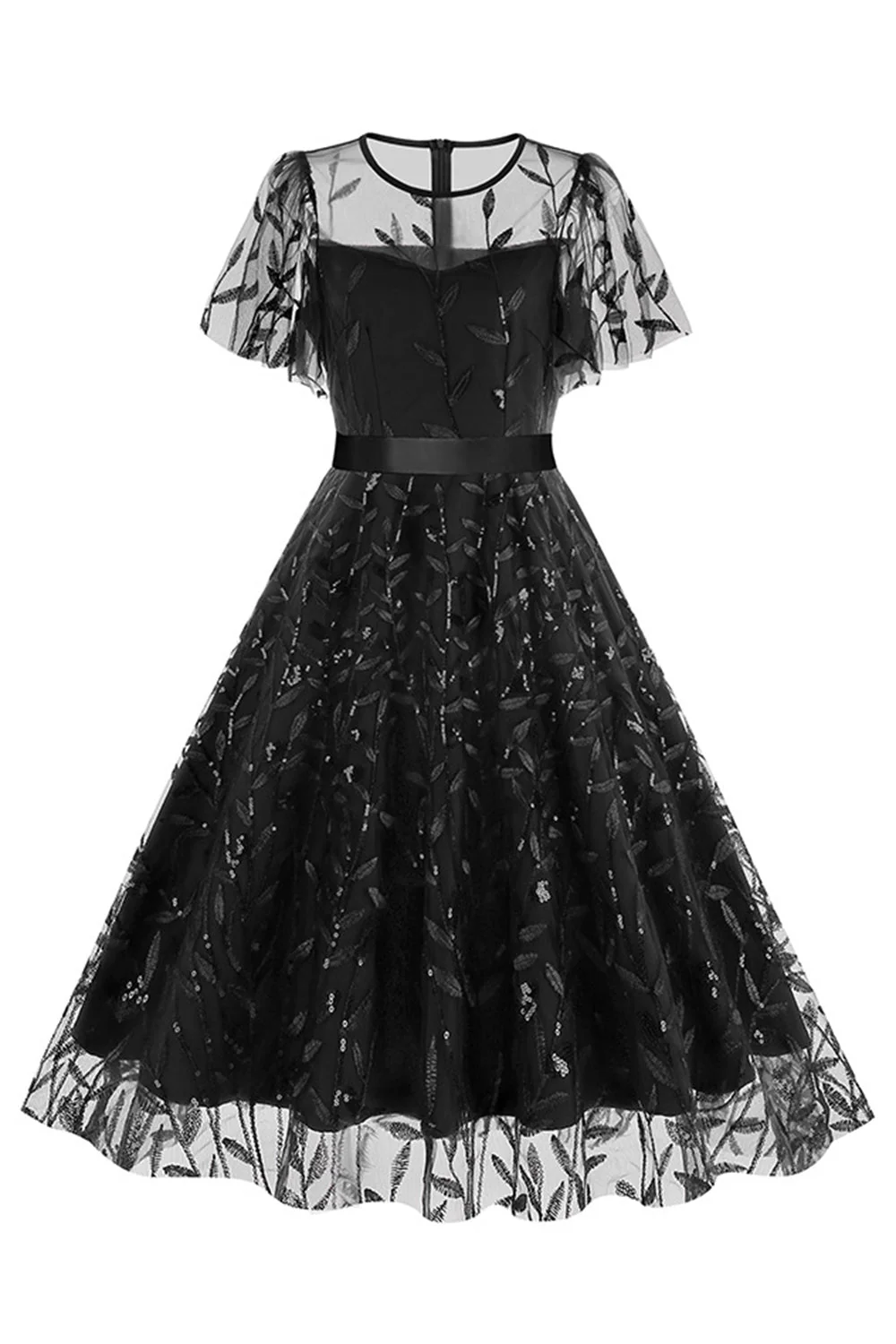 Apricot Sequined Leaf Embroidered Mesh Overlay Elegant Vintage Dress - Image 6
