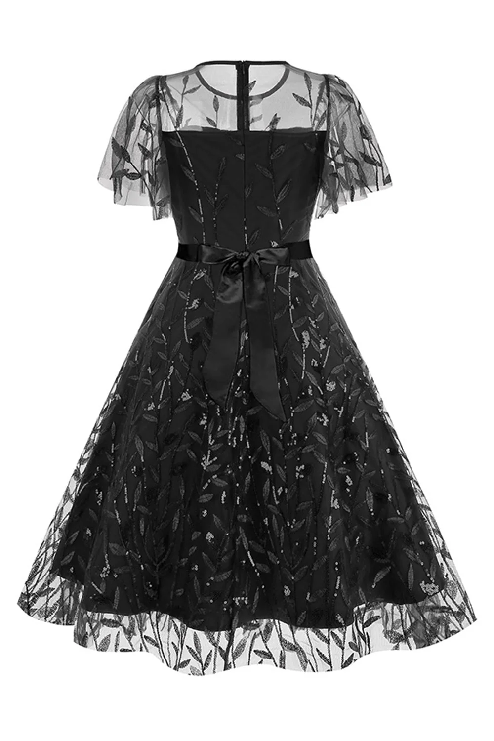 Apricot Sequined Leaf Embroidered Mesh Overlay Elegant Vintage Dress - Image 7