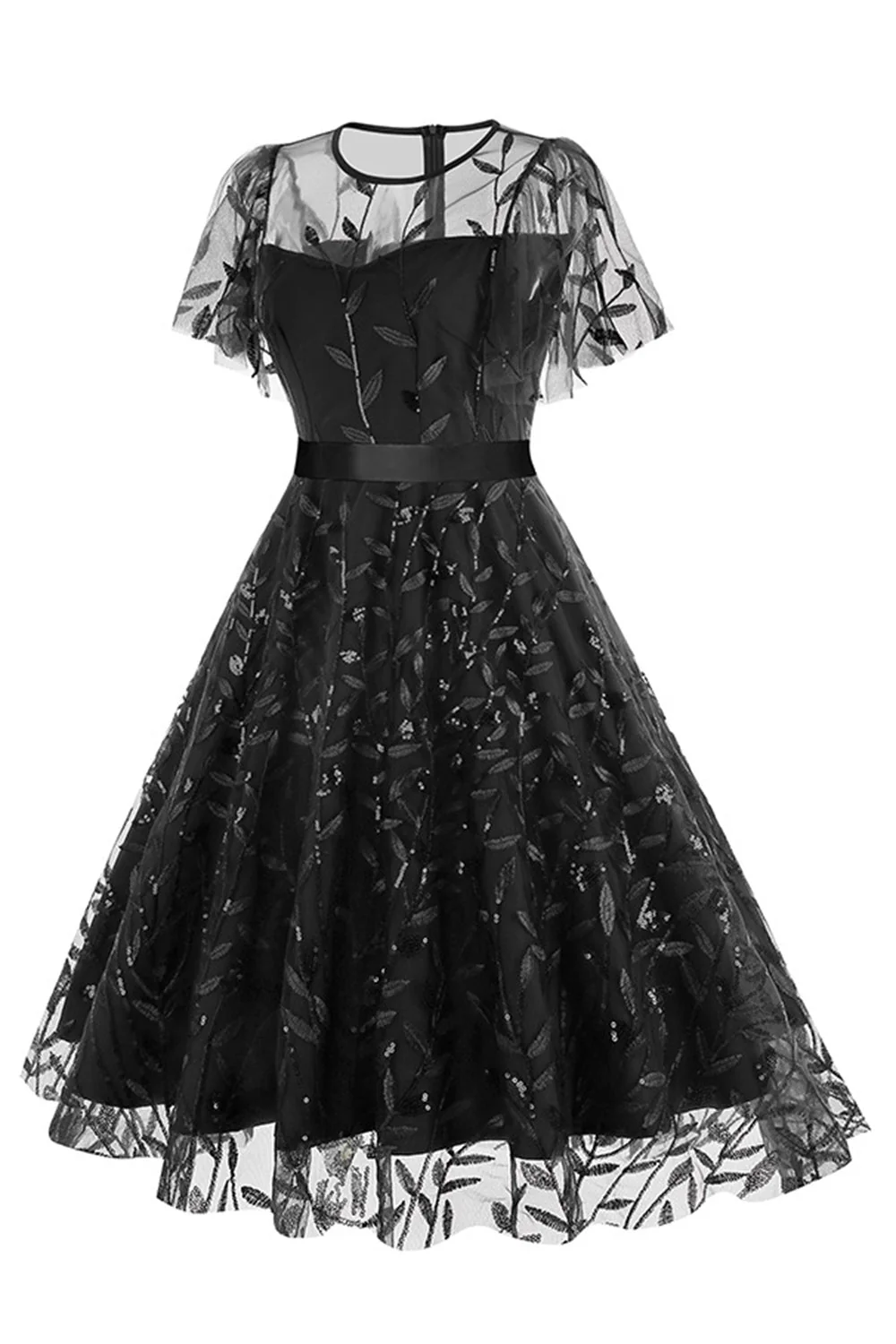 Apricot Sequined Leaf Embroidered Mesh Overlay Elegant Vintage Dress - Image 8
