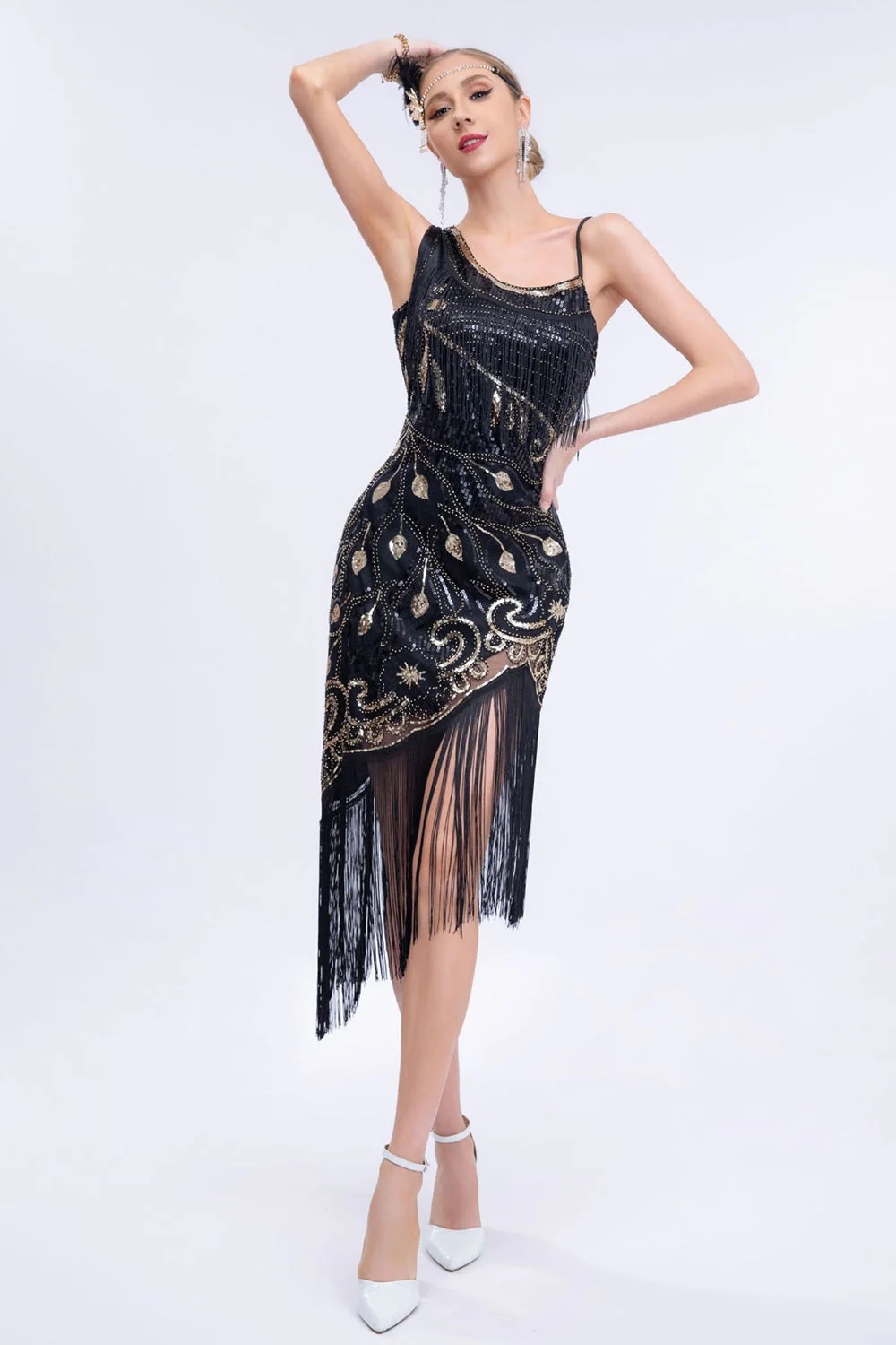 Asymmetrical Black Glitter 1920s Dress with Fringes - Image 3