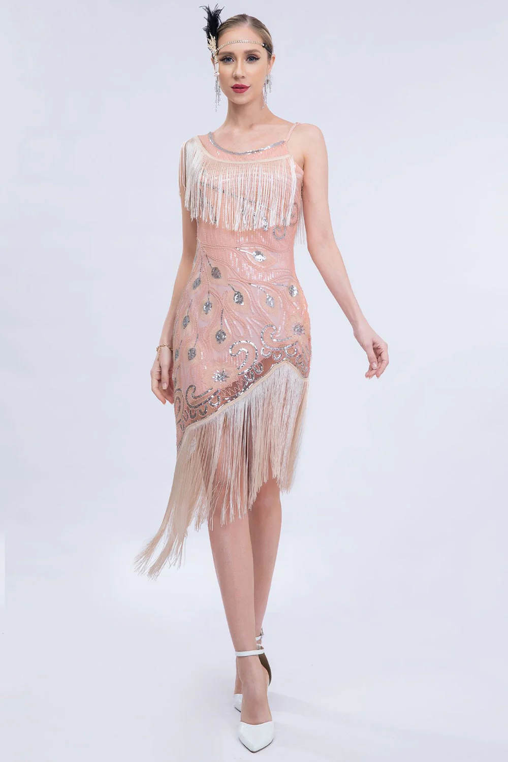 Asymmetrical Black Glitter 1920s Dress with Fringes - Image 5