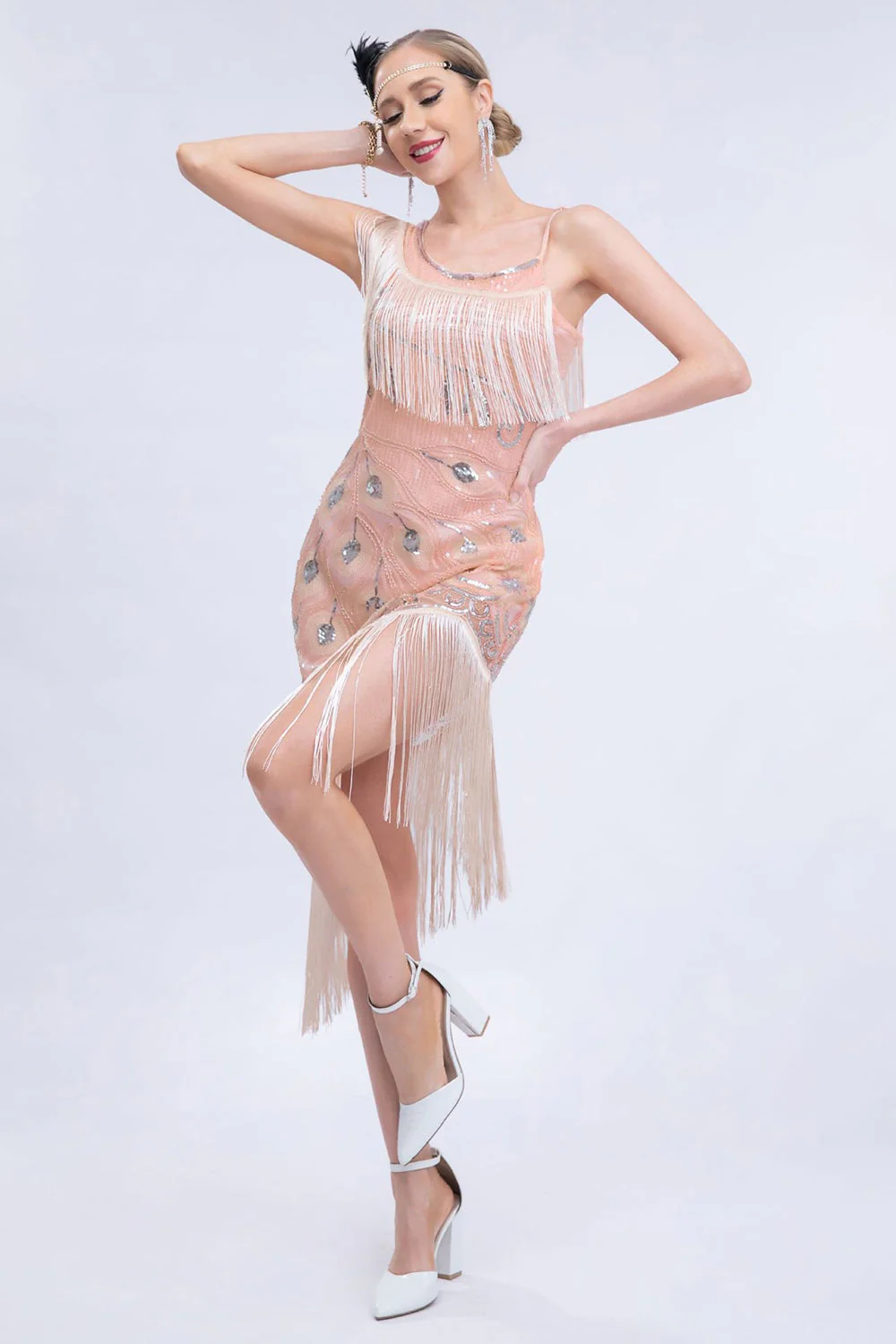 Asymmetrical Black Glitter 1920s Dress with Fringes - Image 7