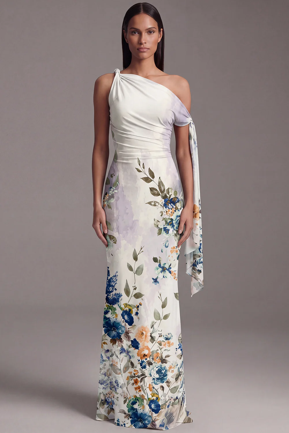 Ivory Asymmetrical Neck Sheath Printed Ruched Floral Dress