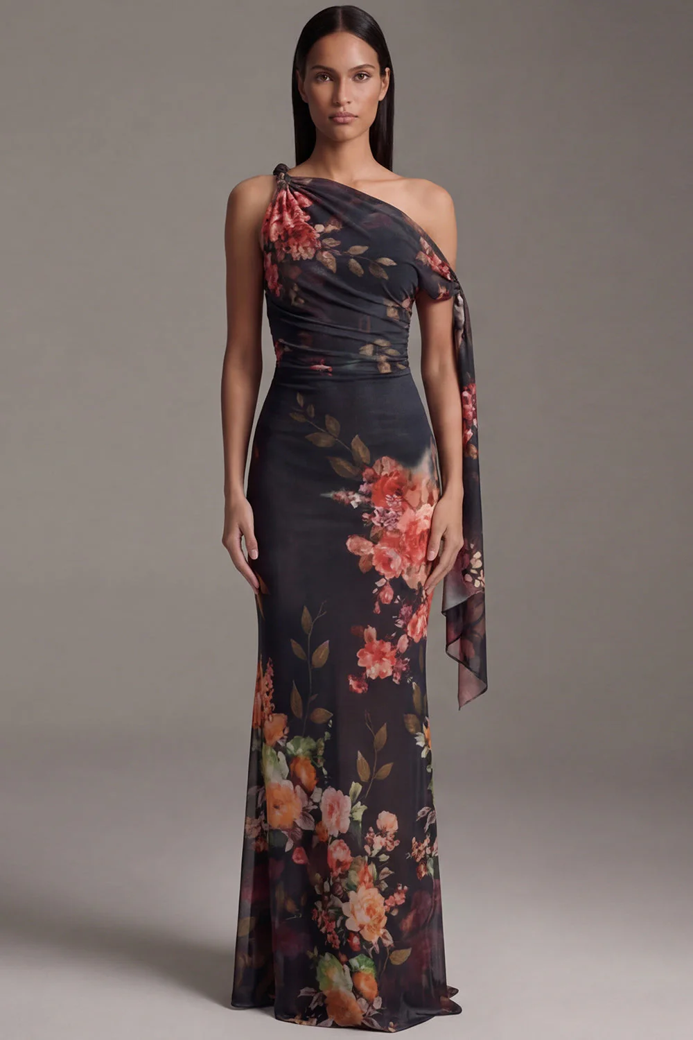 Ivory Asymmetrical Neck Sheath Printed Ruched Floral Dress - Image 2