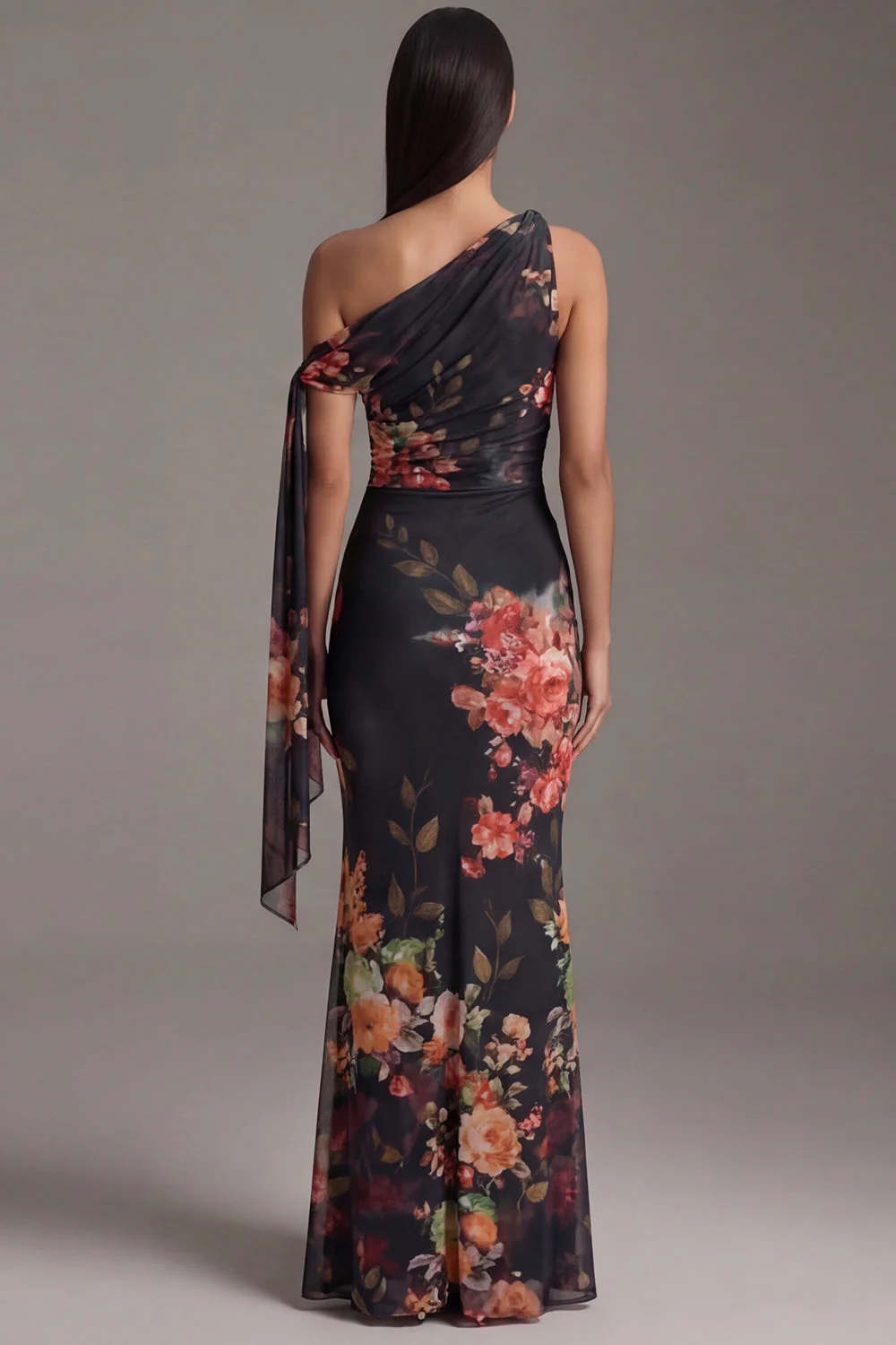 Ivory Asymmetrical Neck Sheath Printed Ruched Floral Dress - Image 3