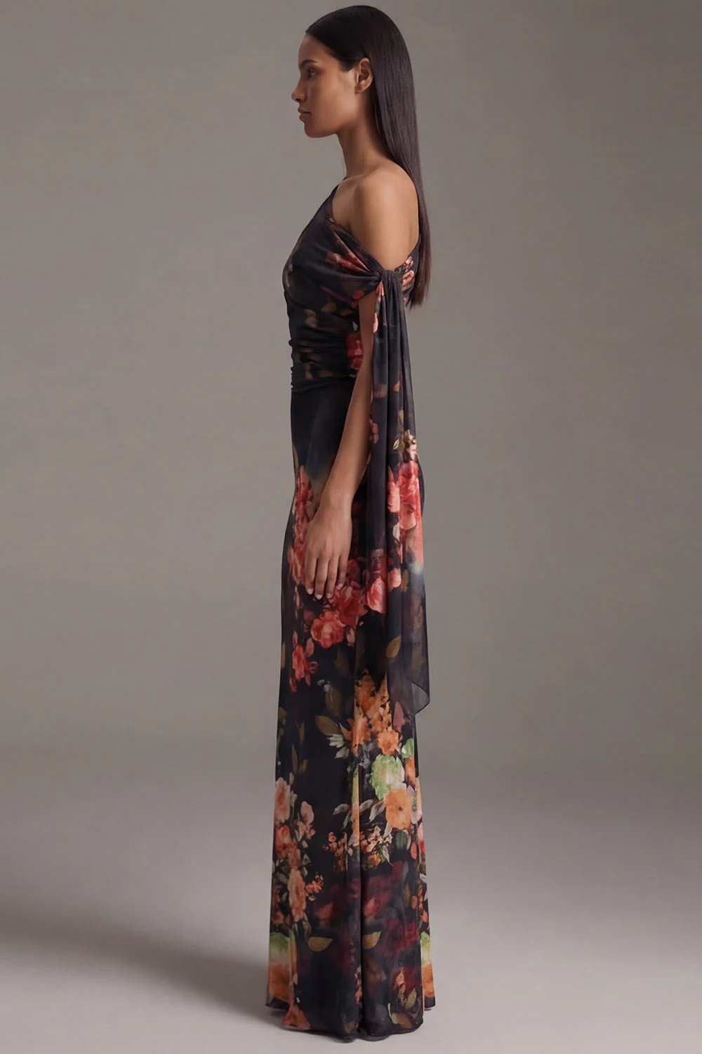 Ivory Asymmetrical Neck Sheath Printed Ruched Floral Dress - Image 4