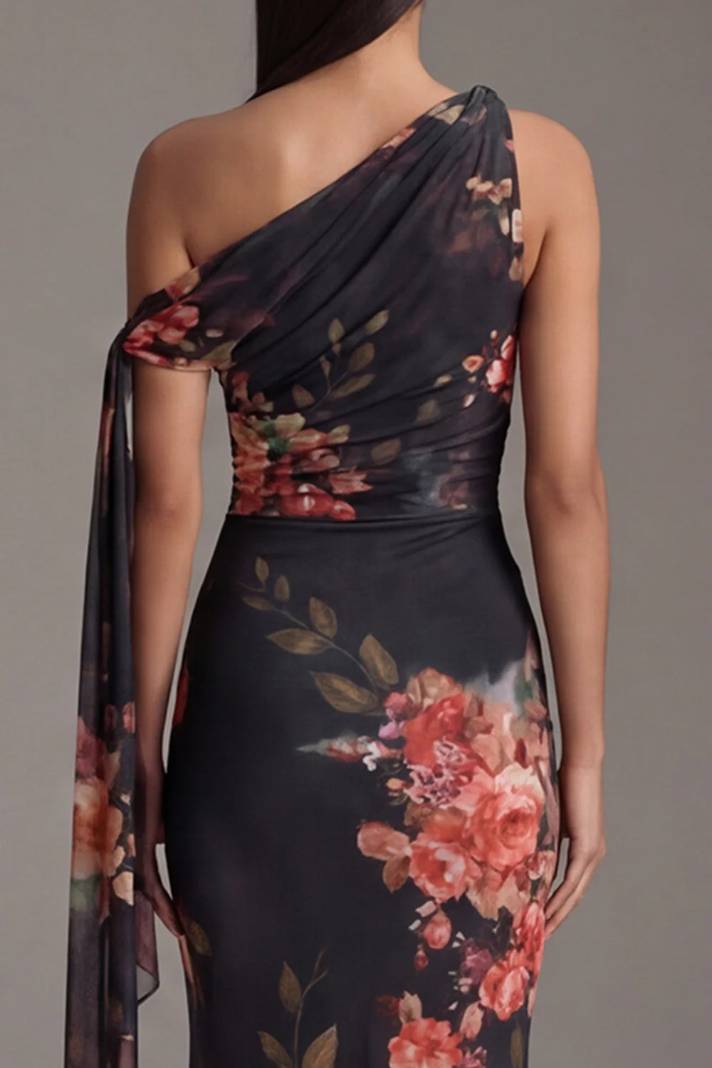 Ivory Asymmetrical Neck Sheath Printed Ruched Floral Dress - Image 6