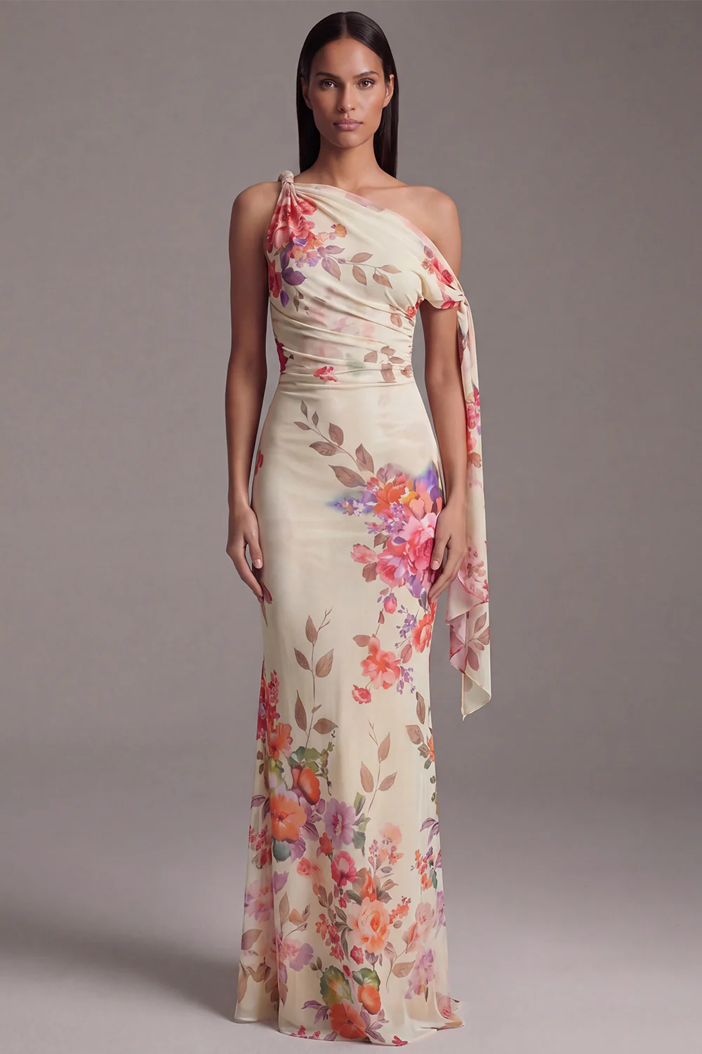 Ivory Asymmetrical Neck Sheath Printed Ruched Floral Dress - Image 7