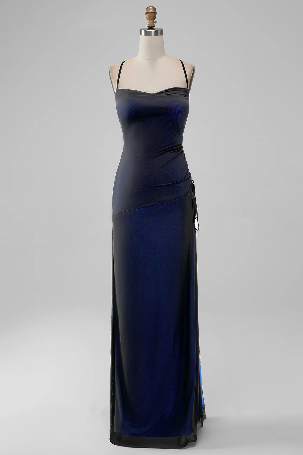 Back Blue Mermaid Spaghetti Straps Long Wedding Party Dress with Slit - Image 3