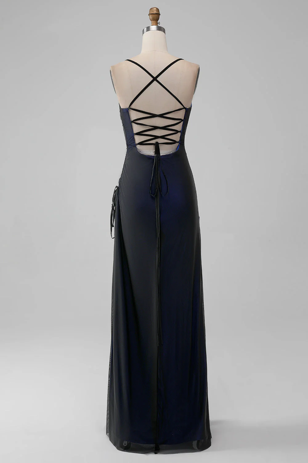 Back Blue Mermaid Spaghetti Straps Long Wedding Party Dress with Slit - Image 4