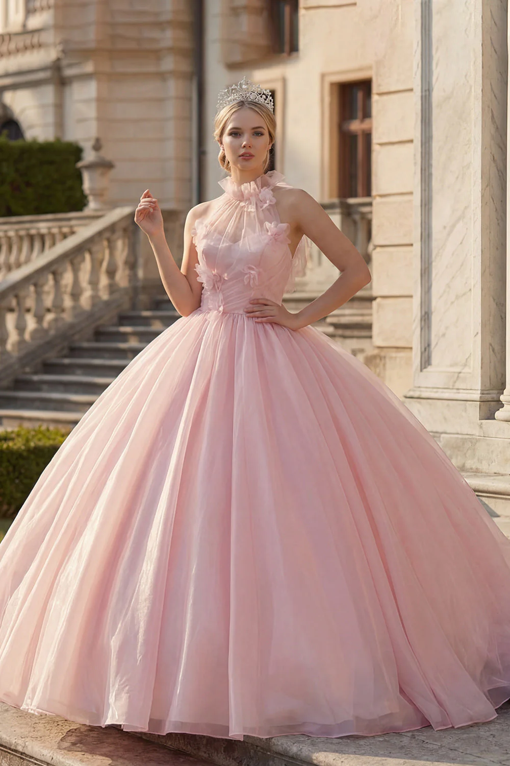 Ball Gown Blush Halter Neck Appliqued Quinceanera Dress