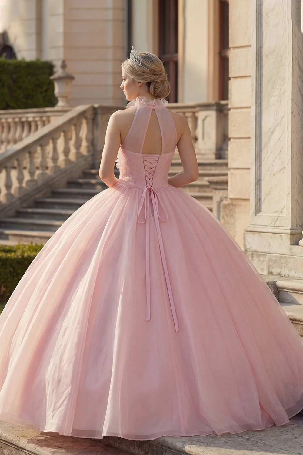 Ball Gown Blush Halter Neck Appliqued Quinceanera Dress - Image 2