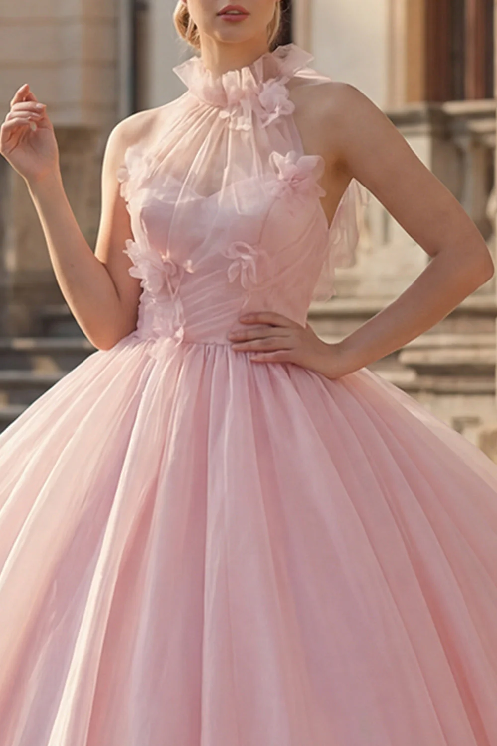 Ball Gown Blush Halter Neck Appliqued Quinceanera Dress - Image 3