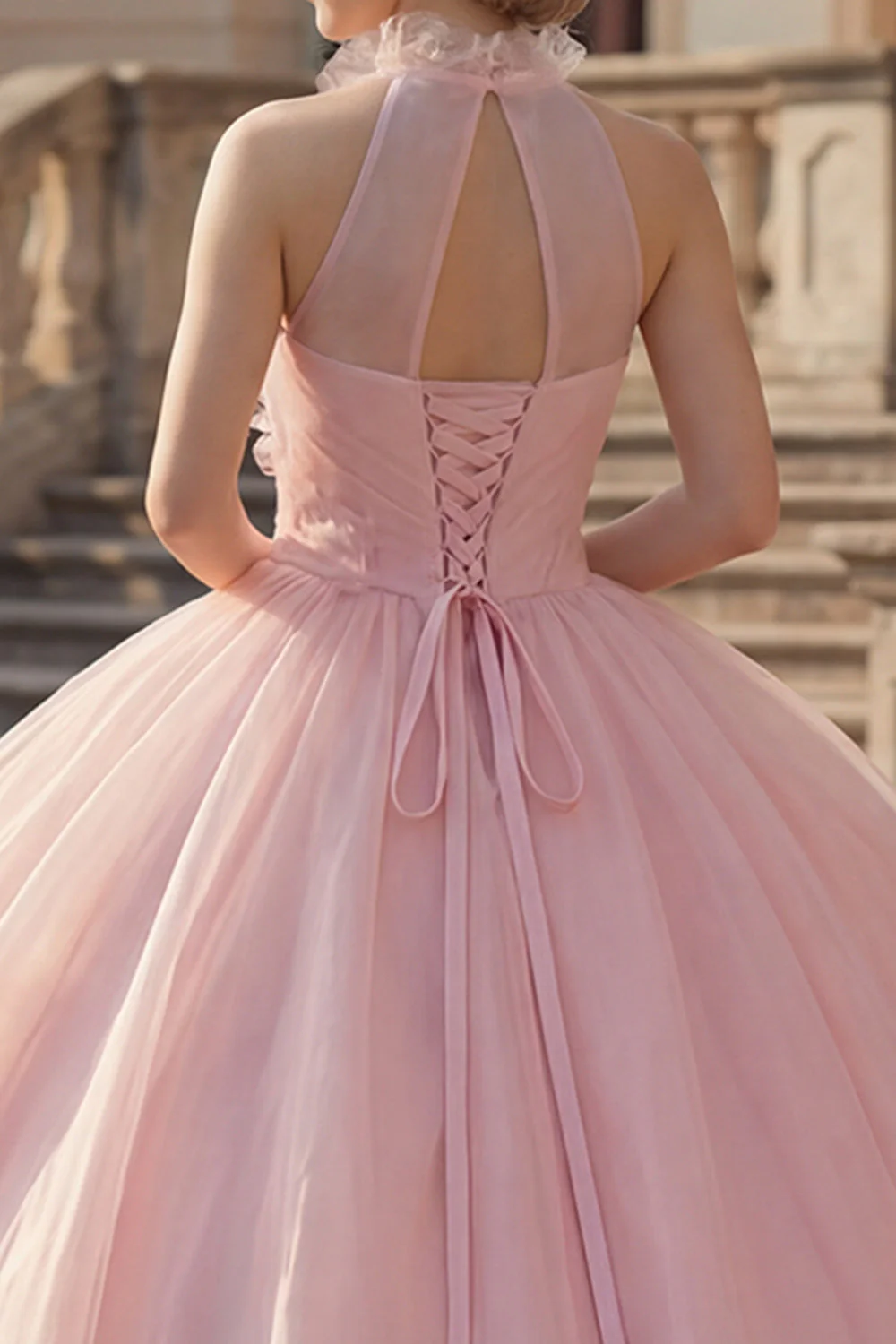 Ball Gown Blush Halter Neck Appliqued Quinceanera Dress - Image 4