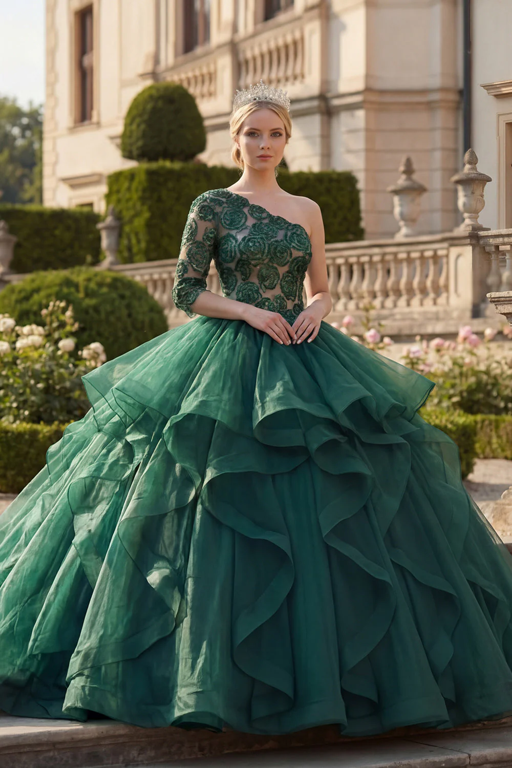 Ball Gown Dark Green One Shoulder Ruffled Quinceanera Dress