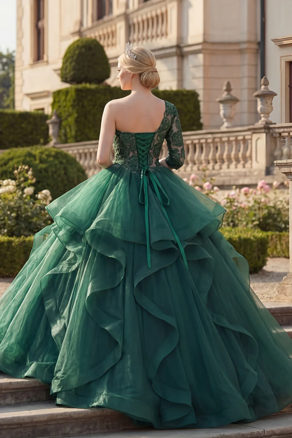 Ball Gown Dark Green One Shoulder Ruffled Quinceanera Dress - Image 2