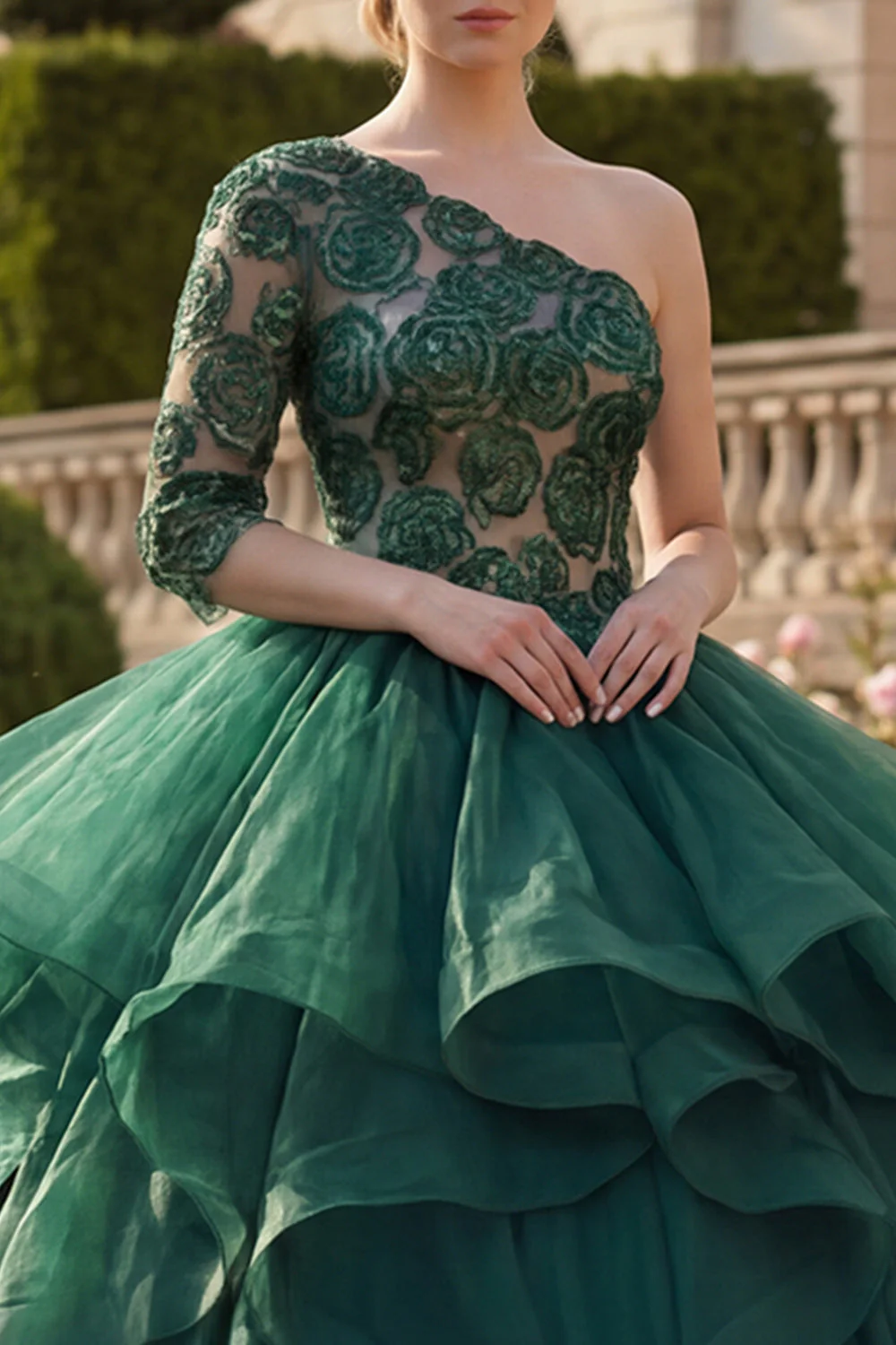 Ball Gown Dark Green One Shoulder Ruffled Quinceanera Dress - Image 3