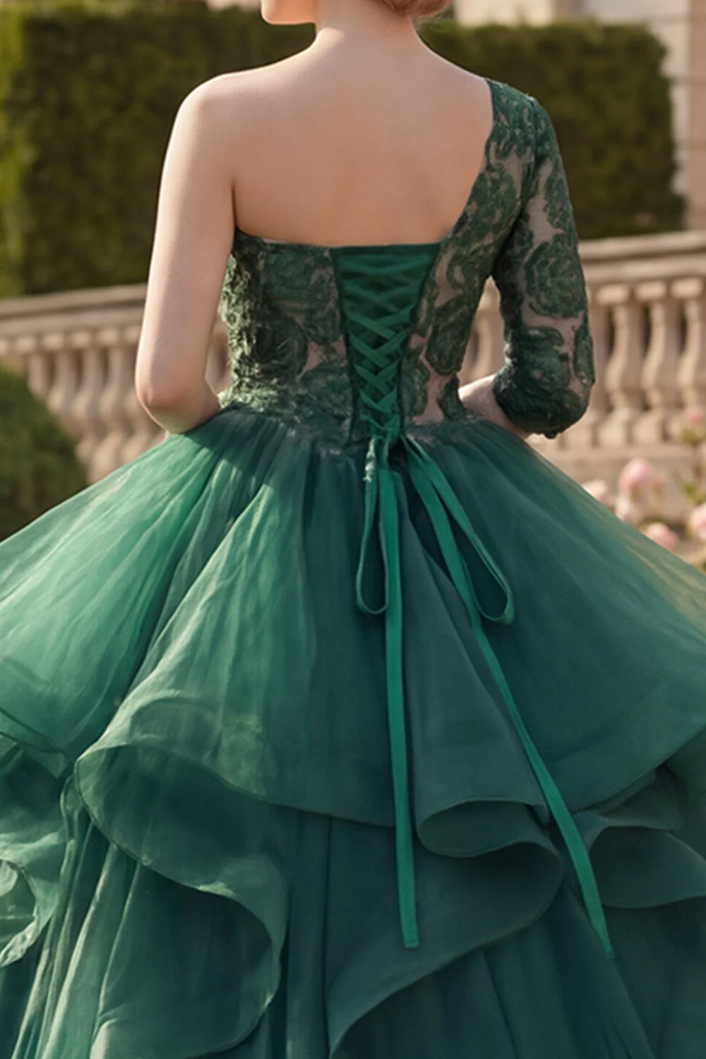 Ball Gown Dark Green One Shoulder Ruffled Quinceanera Dress - Image 4