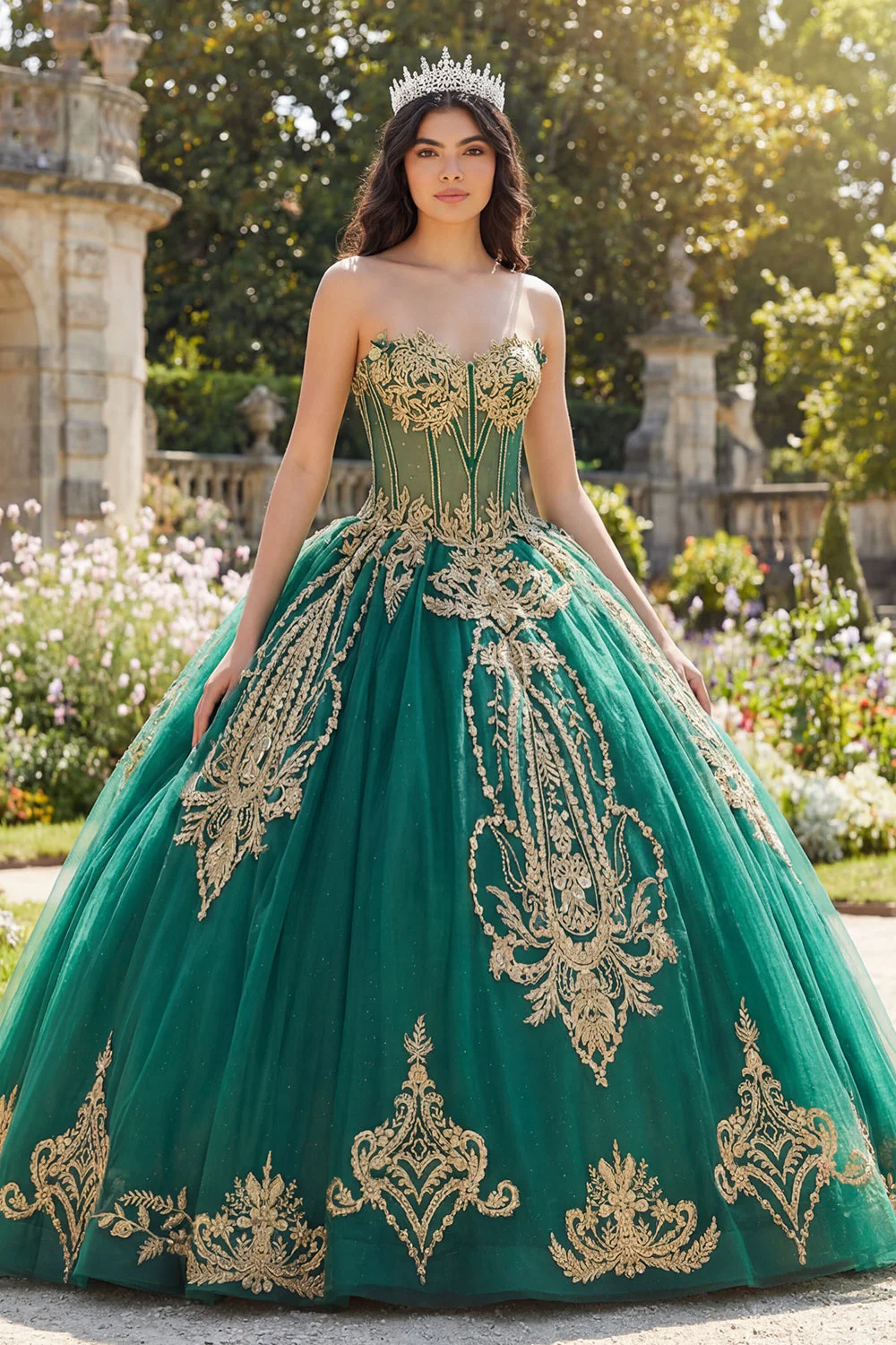 Ball Gown Green Strapless Corset Appliqued Quinceanera Dress