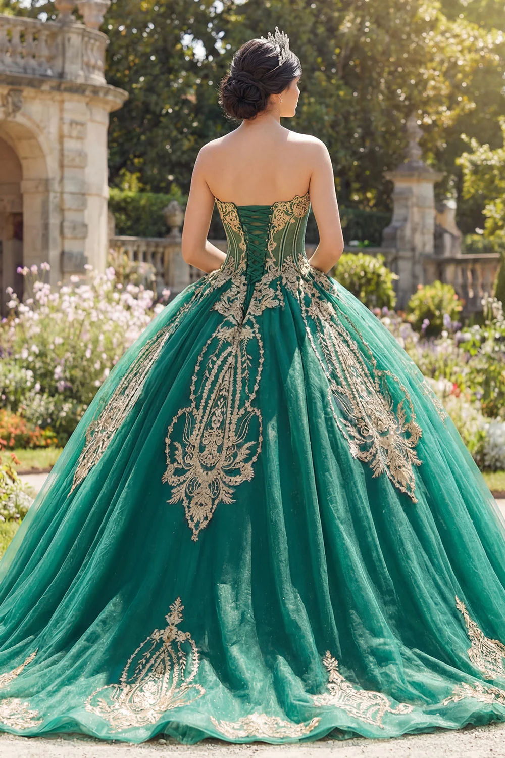 Ball Gown Green Strapless Corset Appliqued Quinceanera Dress - Image 2