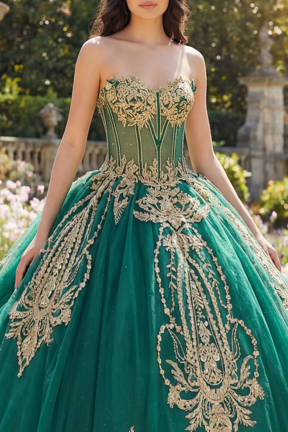 Ball Gown Green Strapless Corset Appliqued Quinceanera Dress - Image 3
