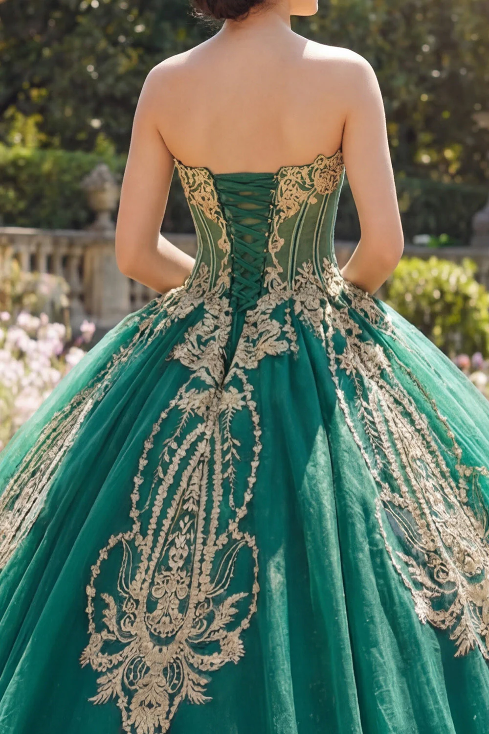 Ball Gown Green Strapless Corset Appliqued Quinceanera Dress - Image 4