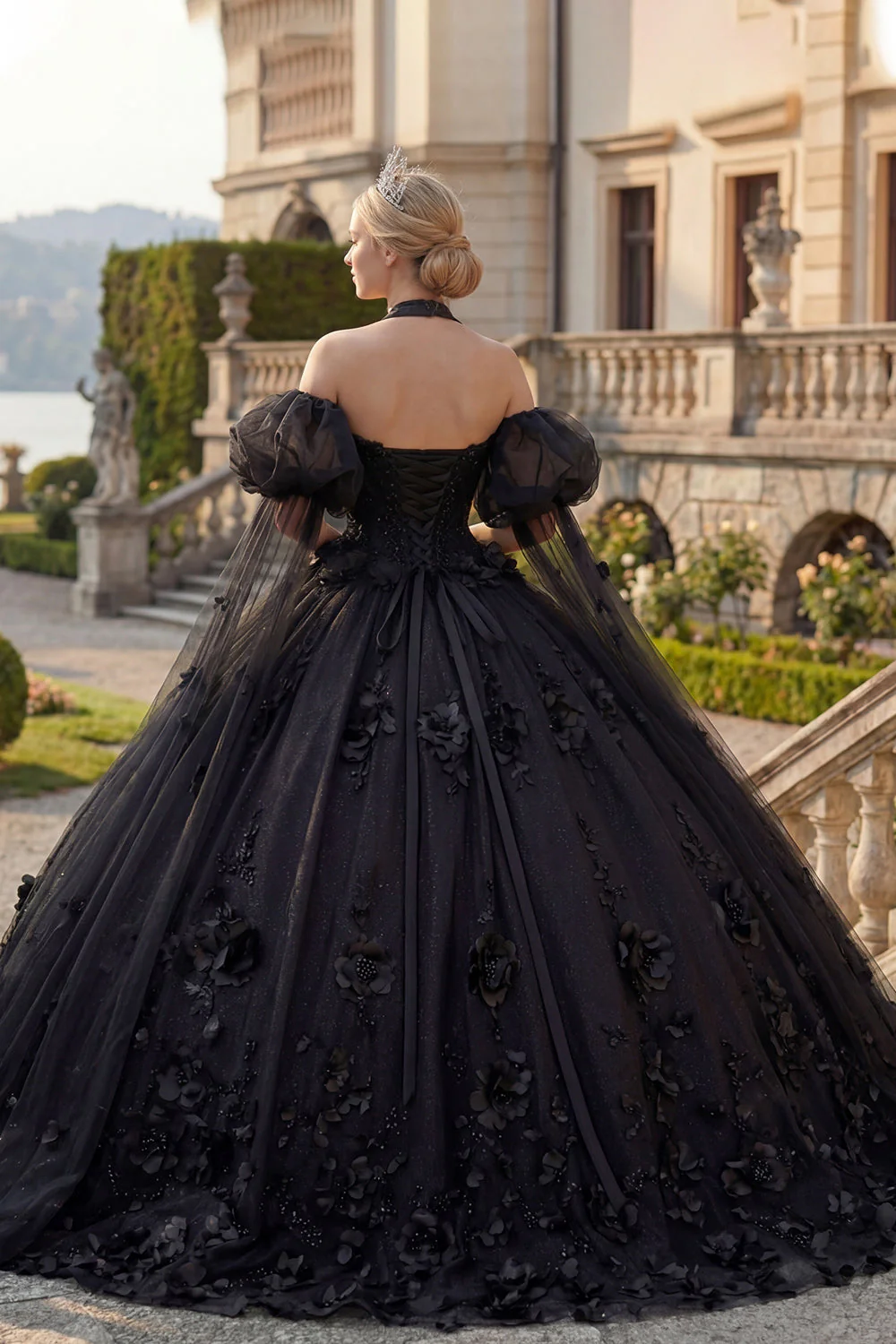 Ball Gown Halter Neck Appliqued Black Beaded Quinceanera Dress with Puff Sleeves - Image 2