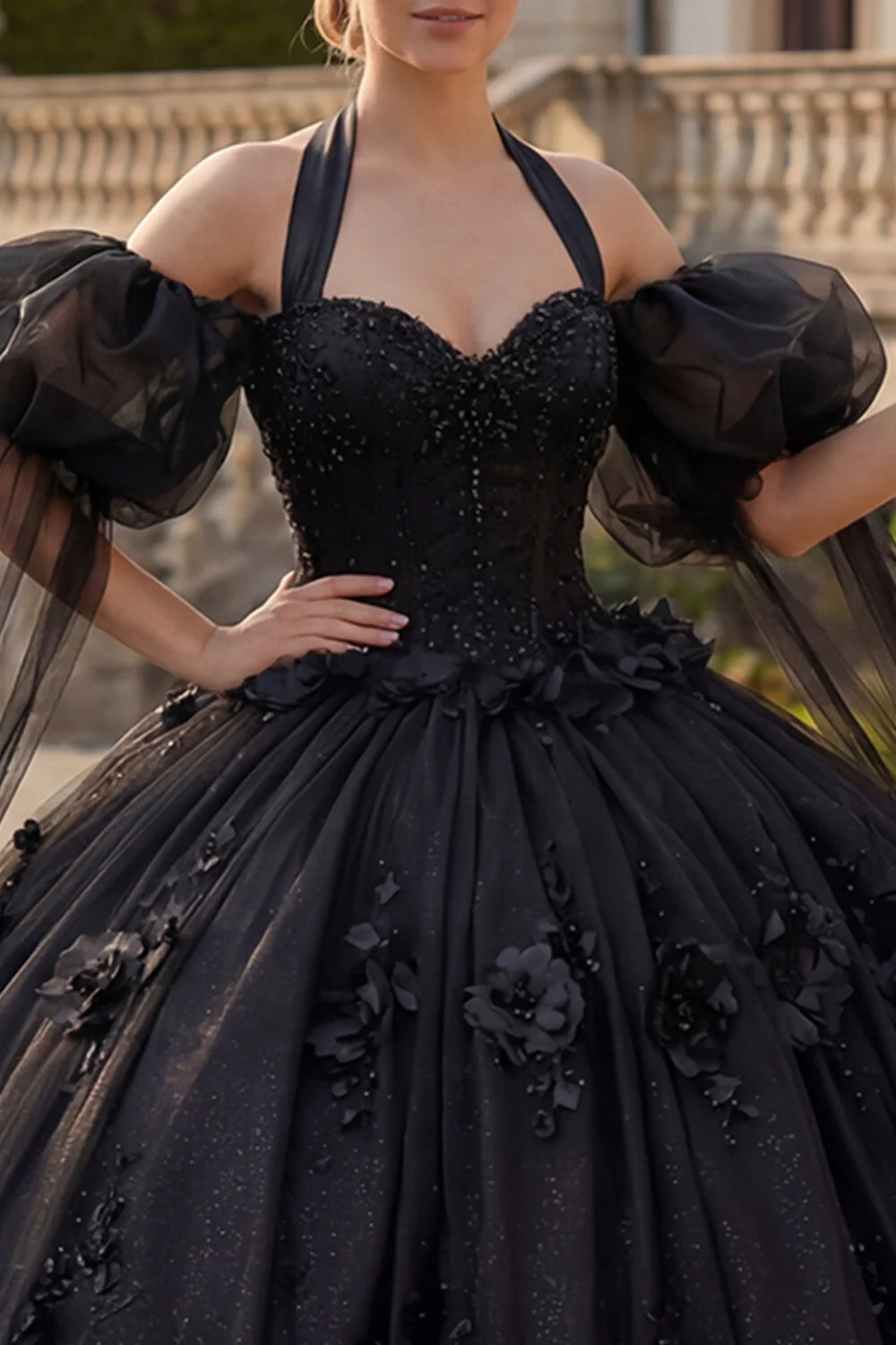 Ball Gown Halter Neck Appliqued Black Beaded Quinceanera Dress with Puff Sleeves - Image 3